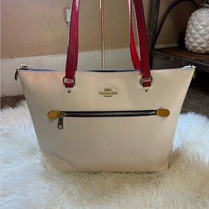 Coach Two-Tone Leather Tote - Cream Body with Red Straps